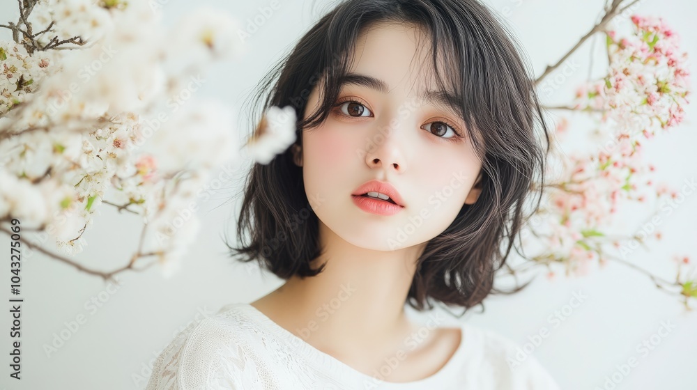 A serene portrait of a woman with soft features, framed by delicate cherry blossoms, creating a harmonious and tranquil atmosphere. A serene portrait of a woman with soft features, framed by delicate cherry blossoms, creating a harmonious and tranquil atmosphere.