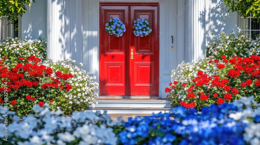 Fototapeta premium Bright Red Doors Surrounded by Colorful Flowers