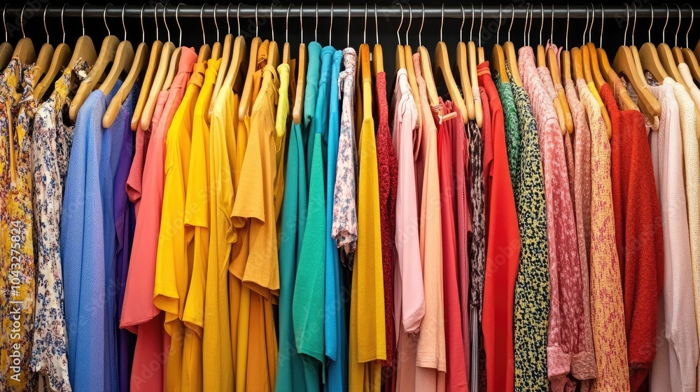 Colorful Collection of Hanging Clothing Items Colorful Collection of Hanging Clothing Items