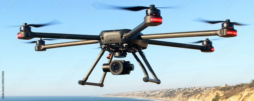 A drone equipped with a camera hovering over a coastal landscape. A drone equipped with a camera hovering over a coastal landscape.