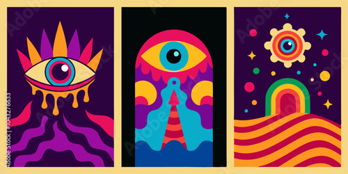 Psychedelic eye art with surreal dreamlike elements for creative designs