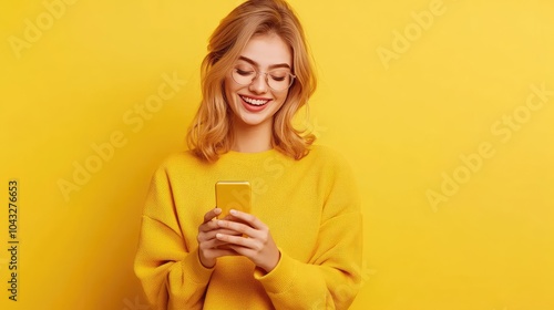 A cheerful woman in a yellow sweater smiles while looking at her smartphone against a vibrant yellow background.