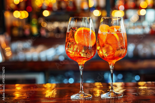 Aperol Spritz cocktails with ice and orange slices at bar in evening