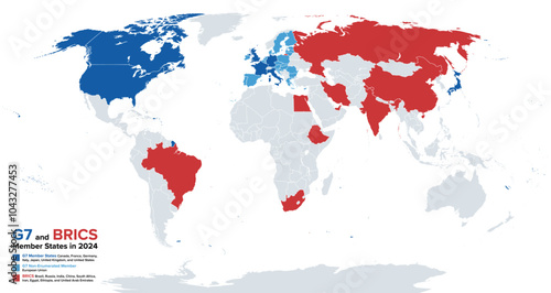 G7 and BRICS member states in 2024. Comparison of two intergovernmental political and economic forums. Group of Seven and the EU, that is not counted in the name, as well as the nine members of BRICS.