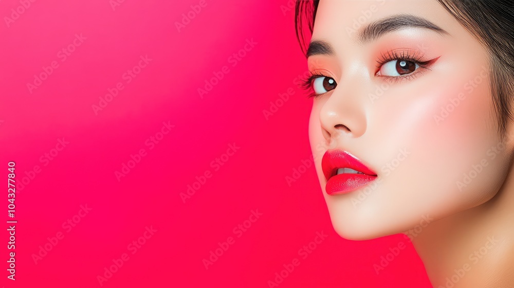Fototapeta premium A close-up portrait of a model with striking makeup against a vibrant pink background, showcasing bold lip color and eye makeup.