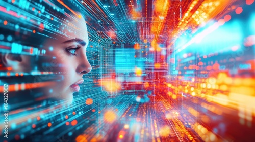 A digital portrait of a woman, immersed in vibrant data streams and glowing patterns, representing technology and connectivity.