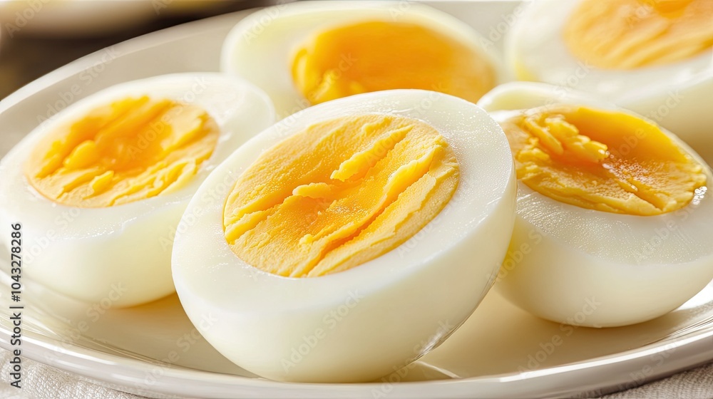 A close-up of peeled hard-boiled eggs arranged on a white plate, with one egg sliced open to show the soft, golden yolk. --chaos A close-up of peeled hard-boiled eggs arranged on a white plate, with one egg sliced open to show the soft, golden yolk. --chaos