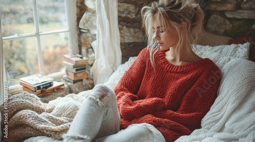 Serene Blonde Woman in Cozy Red Sweater by Winter Window photo