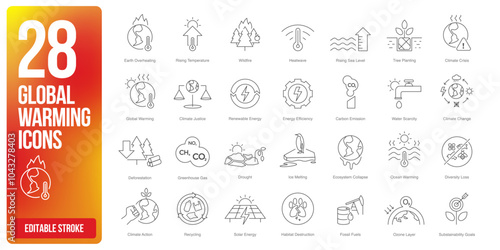 Global warming and climate change icon set in line style. Global warming and climate change icon set in line style symbol sign for apps and website and infographic vector illustration.