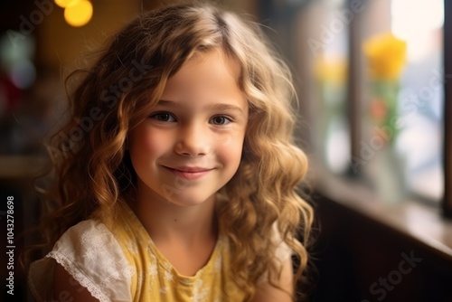 Portrait of a cute little girl with curly hair in a cafe