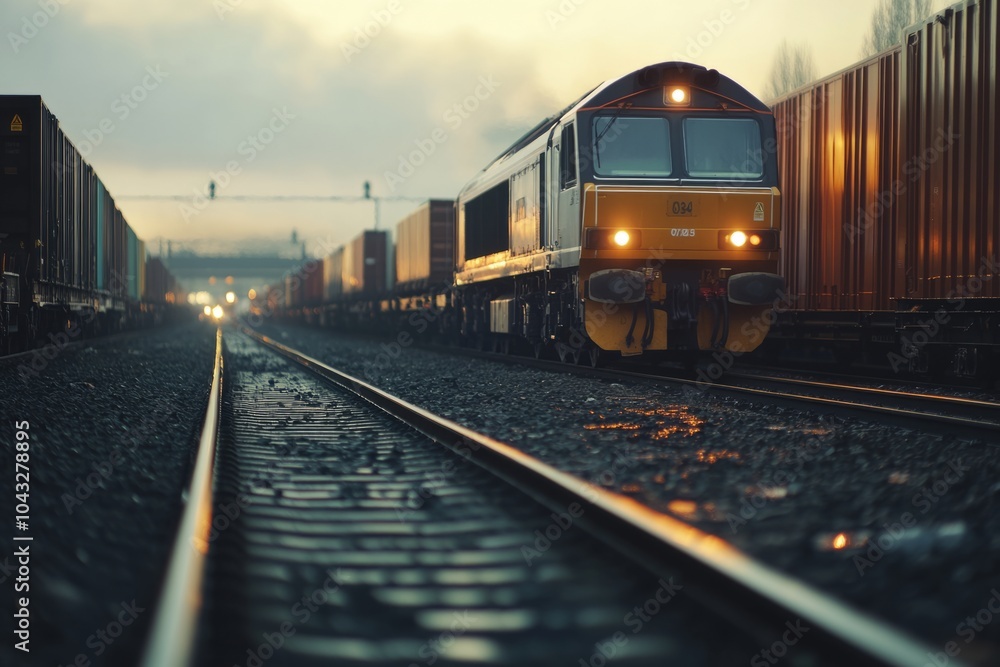 Obraz premium Dramatic view of a freight train on tracks. The scene conveys motion and industry. This captures the essence of transport and travel very well. Generative AI