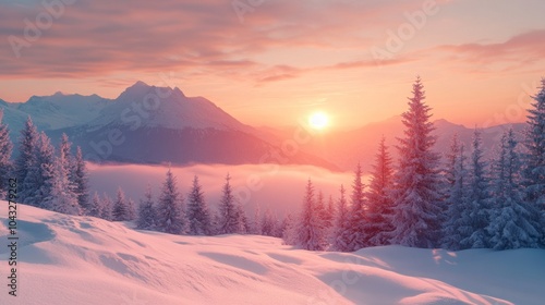 Wallpaper Mural A beautiful mountain range with a pink and orange sunset in the background. The sky is filled with clouds and the sun is setting behind the mountains. The trees are bare and covered in snow Torontodigital.ca