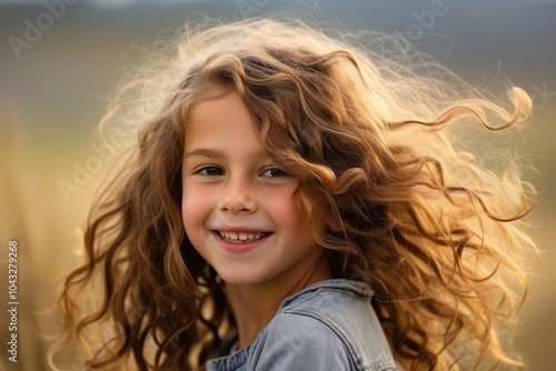 Portrait of a beautiful little girl with flying hair in the field