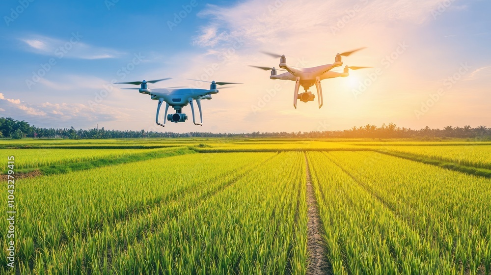 A drone soaring above rice fields, showing the neatly arranged rows of young rice plants under the bright afternoon sun. --chaos A drone soaring above rice fields, showing the neatly arranged rows of young rice plants under the bright afternoon sun. --chaos