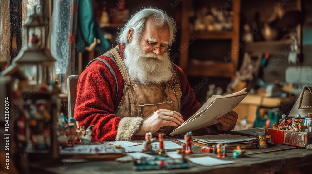 Santa Claus sitting at a wooden desk in his cozy workshop, reading letters from children while toys are scattered around him. Santa Claus sitting at a wooden desk in his cozy workshop, reading letters from children while toys are scattered around him.