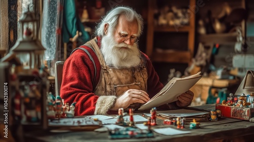 Santa Claus sitting at a wooden desk in his cozy workshop, reading letters from children while toys are scattered around him.