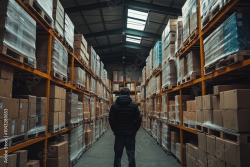 A person stands in a large warehouse filled with stacks of boxes and shelves. The ambiance is industrial and organized. This captures the essence of logistics. Generative AI