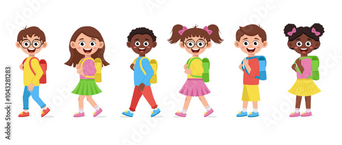 Schoolchildren boys and girls with backpacks go to school. Back to school.