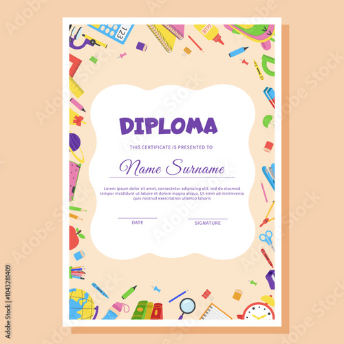 School diploma, certificate template with school supplies.