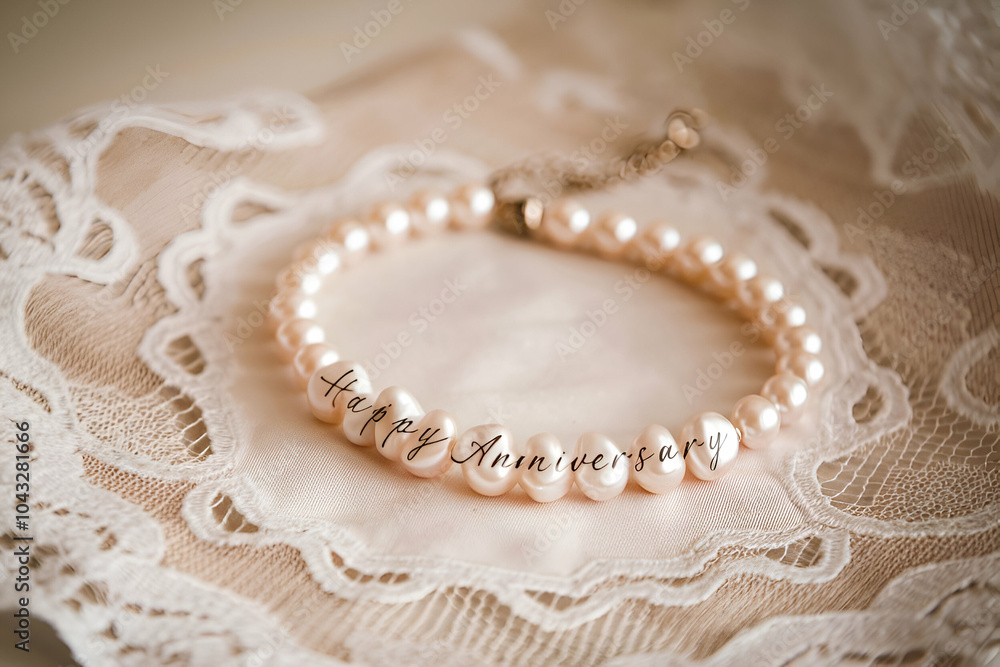 A delicate pearl bracelet adorned with silver accents, resting on an elegant lace background, showcasing craftsmanship and femininity. A delicate pearl bracelet adorned with silver accents, resting on an elegant lace background, showcasing craftsmanship and femininity.
