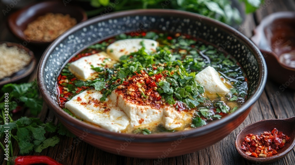 Clear soup with egg tofu and minced pork, garnished with herbs and served with a side of chili flakes and soy sauce. --chaos