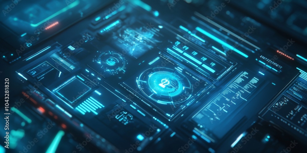 Obraz premium Futuristic digital interface displaying data visualizations and analytics in a virtual environment with glowing blue and grey elements.