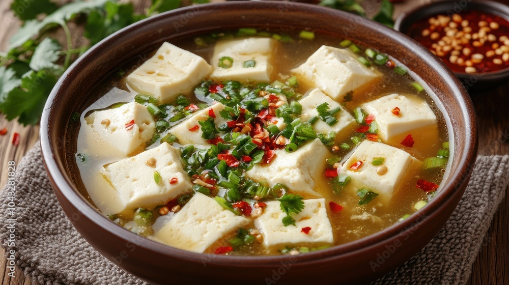 Clear soup with egg tofu and minced pork, garnished with herbs and served with a side of chili flakes and soy sauce. --chaos Clear soup with egg tofu and minced pork, garnished with herbs and served with a side of chili flakes and soy sauce. --chaos