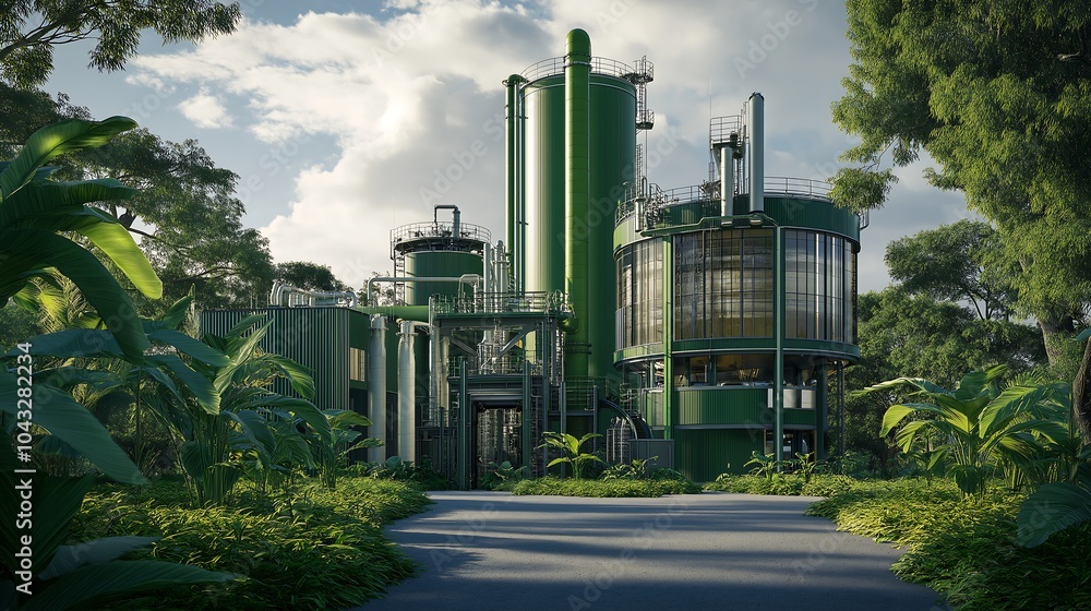 Obraz premium Green biofuel plant, surrounded by greenery, sustainable fuel processing.