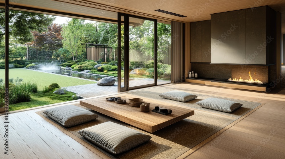 An inviting Japandi living room with floor cushions An inviting Japandi living room with floor cushions