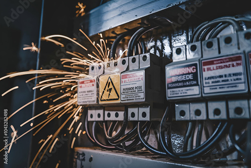 A close-up of an electrical panel showing surge protection, with sparks indicating a fault, emphasizing the importance of safety in electrical systems.