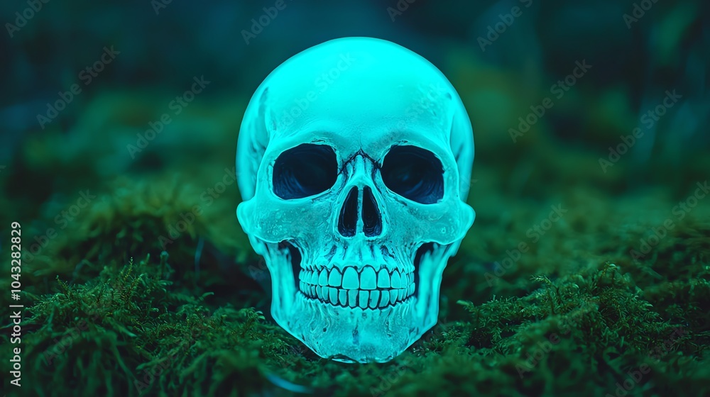 A glowing skull rests on lush green moss, creating a surreal and eerie atmosphere. A glowing skull rests on lush green moss, creating a surreal and eerie atmosphere.