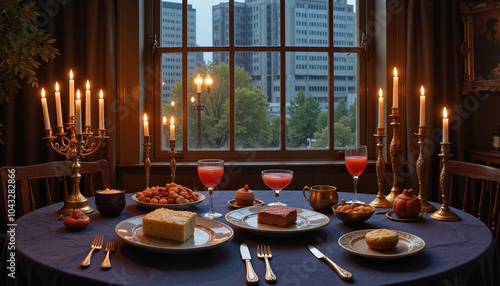 Hanukkah dinner table setting with menorah, traditional foods, and a city view through the window photo