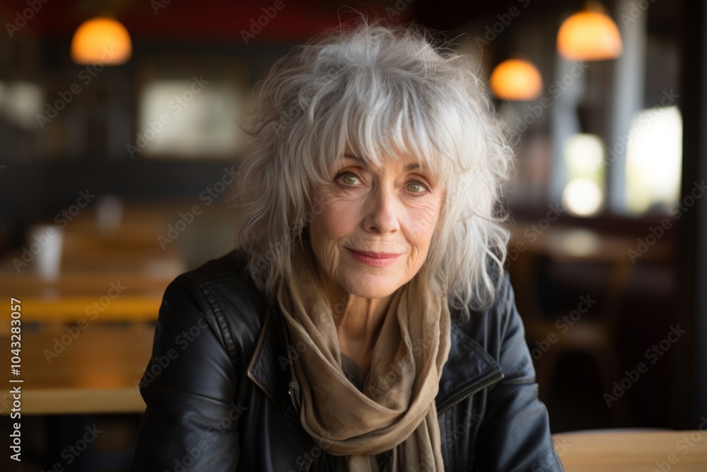 Portrait of senior woman with grey hair in a coffee shop. Portrait of senior woman with grey hair in a coffee shop.