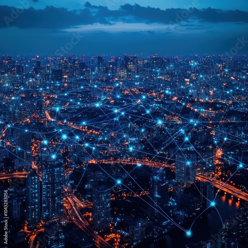 Cityscape illuminated at night with digital network connections
