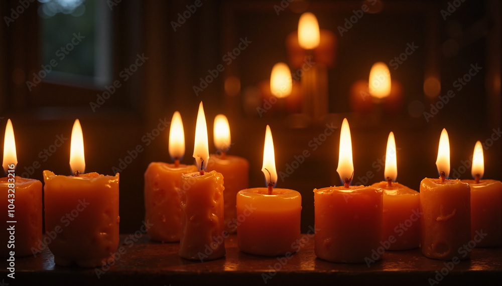 Warmly lit candles during Hanukkah celebration creating a cozy and intimate atmosphere Warmly lit candles during Hanukkah celebration creating a cozy and intimate atmosphere