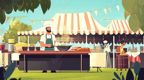 Chef cooking at an outdoor market with colorful tents and a lively atmosphere. photo