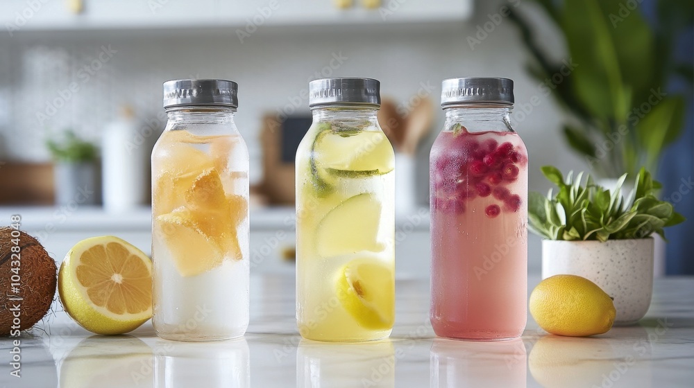 Refreshing Citrus Infused Water Bottles on Kitchen Counter Refreshing Citrus Infused Water Bottles on Kitchen Counter