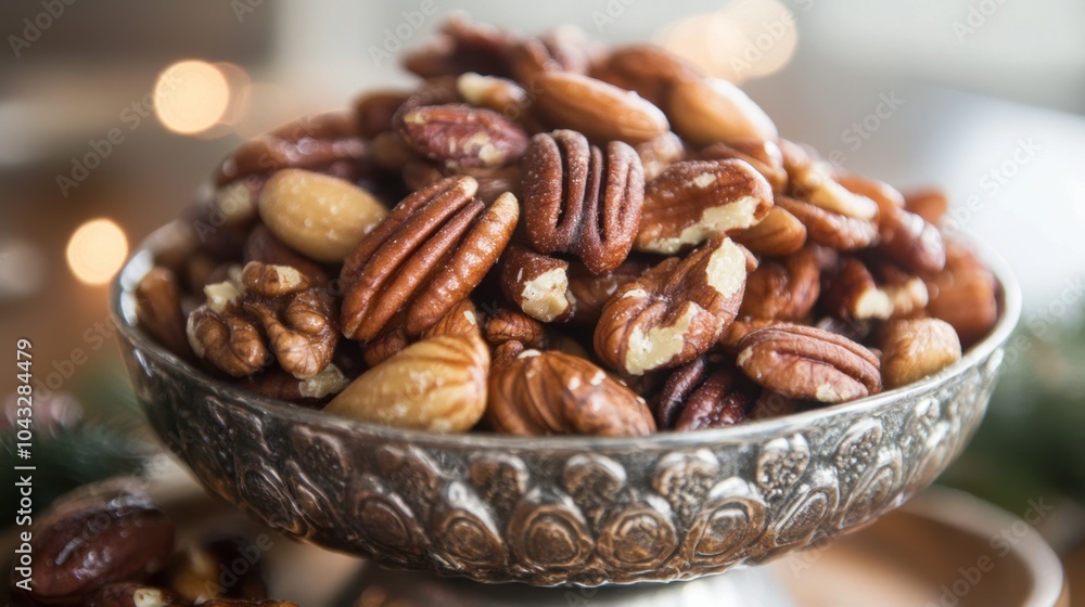 Fototapeta premium Assorted Nuts in Wooden Bowl on Rustic Table. Roasted Mixed Nuts