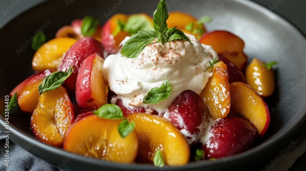 Fresh Fruit Salad with Whipped Cream and Mint Garnish Fresh Fruit Salad with Whipped Cream and Mint Garnish