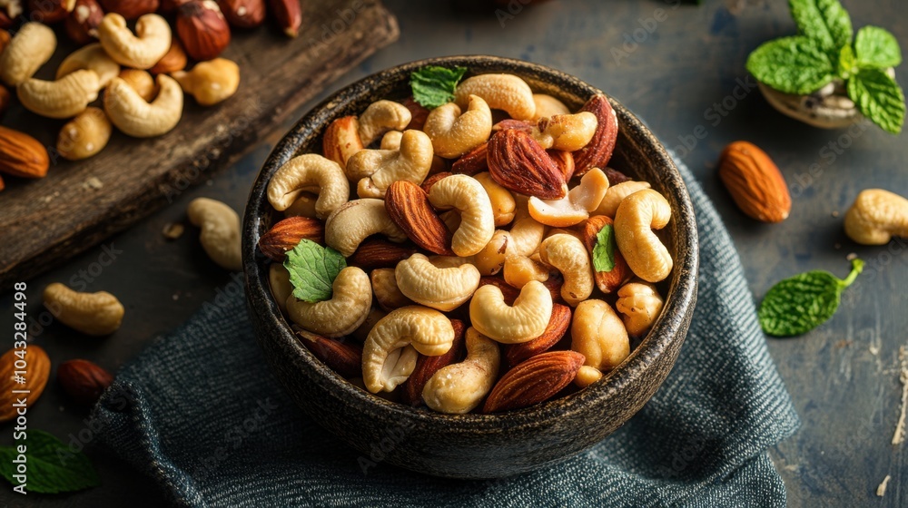 Assorted Nuts in Wooden Bowl on Rustic Table. Roasted Mixed Nuts Assorted Nuts in Wooden Bowl on Rustic Table. Roasted Mixed Nuts