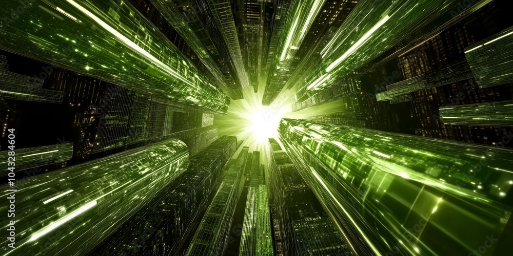 Futuristic green digital cityscape with glowing light center, depicting technology, innovation, and virtual reality concepts. Futuristic green digital cityscape with glowing light center, depicting technology, innovation, and virtual reality concepts.