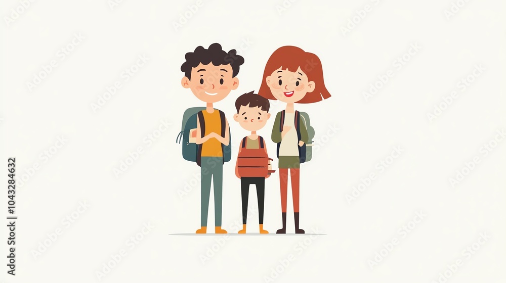Family hiking adventure, characters with backpacks, white isolate background Family hiking adventure, characters with backpacks, white isolate background