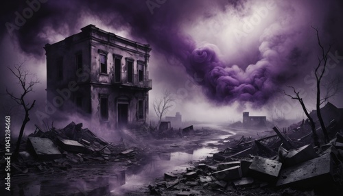 An eerie atmosphere envelops a decayed building surrounded by ruins, where dark purple clouds swirl ominously overhead, casting shadows on the desolation