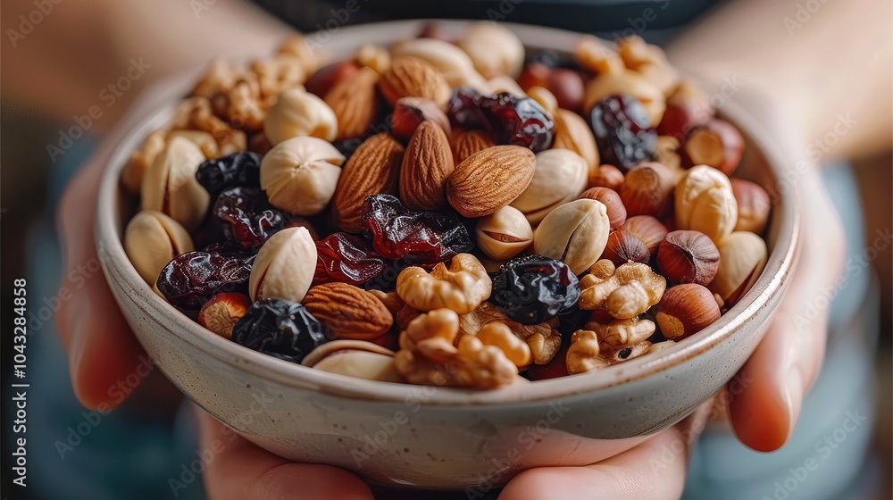 Close-up shot of a bowl of mixed nuts and dried fruits in hand. Close-up shot of a bowl of mixed nuts and dried fruits in hand.