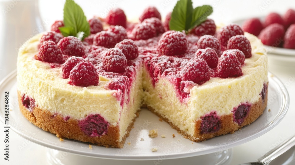 Fresh Raspberry Cheesecake on White Plate with Mint Garnish Fresh Raspberry Cheesecake on White Plate with Mint Garnish