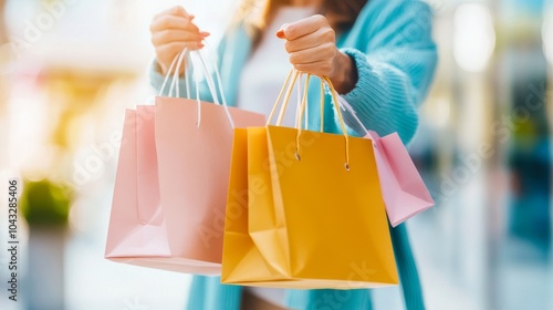 Hands hold vibrant shopping bags, indicating a joyful shopping spree set against a blurred urban or mall background with soft lighting. photo