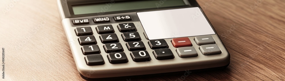 A close-up of a calculator placed on a wooden surface, highlighting its buttons and display. A close-up of a calculator placed on a wooden surface, highlighting its buttons and display.
