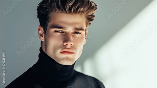 A stylish young man with tousled hair stares directly at the camera, wearing a black turtleneck against a softly lit background.