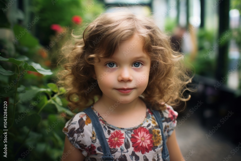 Portrait of cute little girl with curly hair in the garden. Portrait of cute little girl with curly hair in the garden.