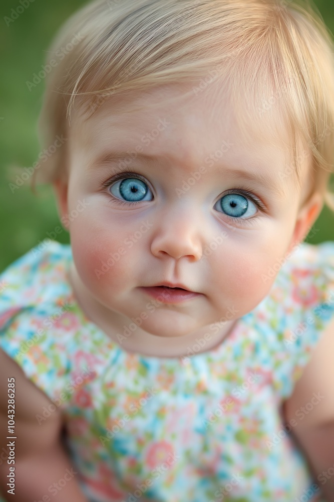 A cute toddler with vivid blue eyes gazing skywards, wearing a floral outfit on a grassy background. A cute toddler with vivid blue eyes gazing skywards, wearing a floral outfit on a grassy background.